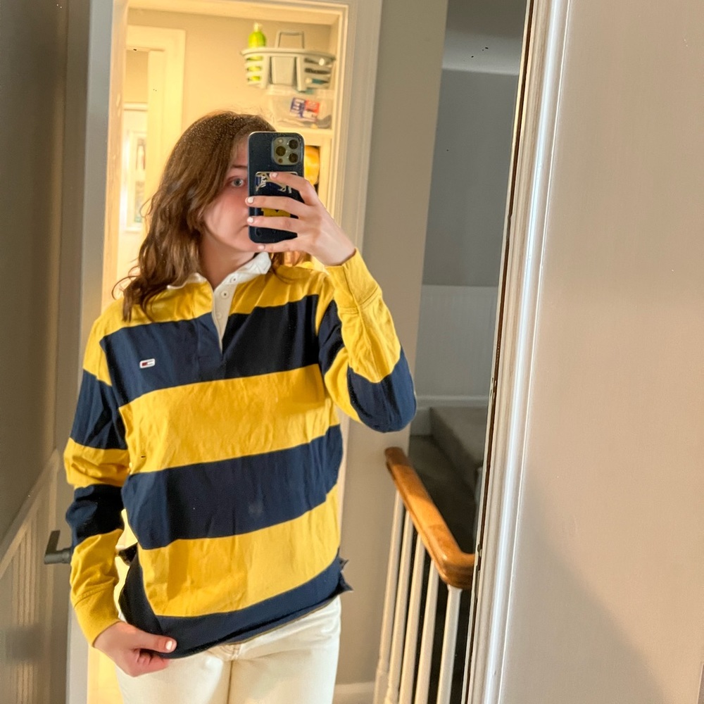 Tommy Hilfiger (Tommy Jeans) blue/yellow striped rugby longsleeve shirt; size S